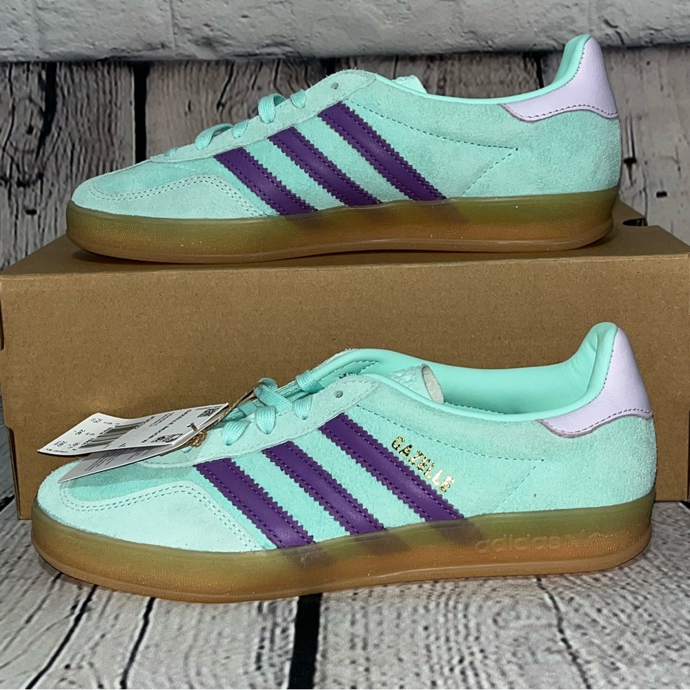 NWT Adidas Gazelle Indoor Clear Mint/Active Purple Sneakers